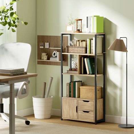 Bibliothèque style industriel 3 étagères placard porte 2 tiroirs 58 x 24 x 122 cm effet bois naturel acier noir (1/5)