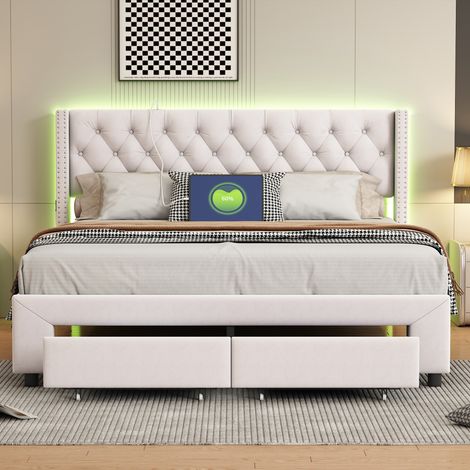 Lit adulte 160x200 cm - LED - tissu en velours - sommier - tiroir - cadre de lit 160x200 cm - beige (1/5)