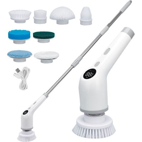 Brosse de nettoyage électrique 8-en-1 – Sans fil – Rotative – Professionnelle – Pour salle de bain, douche et cuisine – Blanche (1/5)