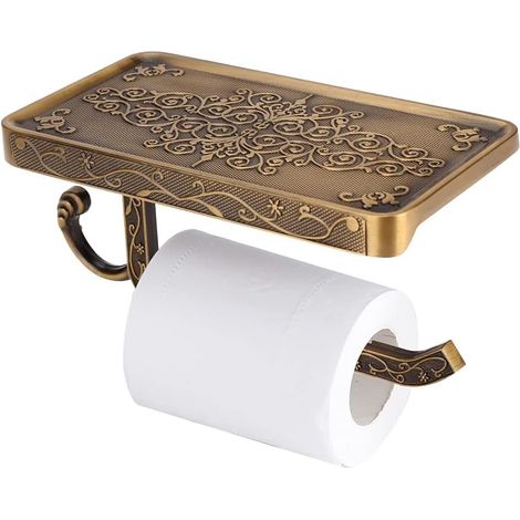 Support Mural pour Papier Toilette, Support de Papier Toilette en Laiton Vintage Antique avec étagère pour Téléphone, Distributeur de Papier Multifonctionnel (Antique) (1/5)