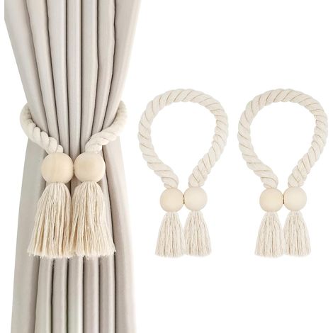 2 Pièces Embrasses de rideaux, Aimant boule en bois, Corde tissée main, Polyester, Pour salon, chambre, bureau