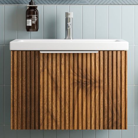 Fluted 600mm Bathroom Vanity Unit Basin Wall Hung Cupboard Soft Close Walnut (1/5)