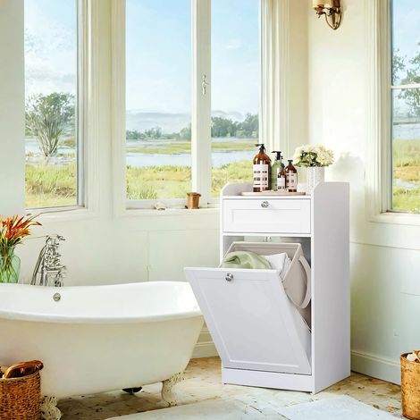 Meuble de Salle de Bain, Panier à Linge, Placard de Rangement, avec 1 Tiroir et 1 Panier à Linge, Sac Intérieur Amovible avec Poignées, 40 x 40 x 80,2 cm, Blanc (1/5)