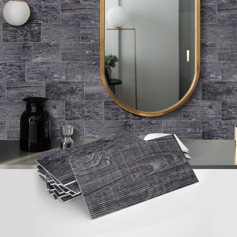 Autocollants muraux pour carrelage de cuisine - pour salles de bains et cuisines - Lot de 16, texture bois vieilli gris (1/5)