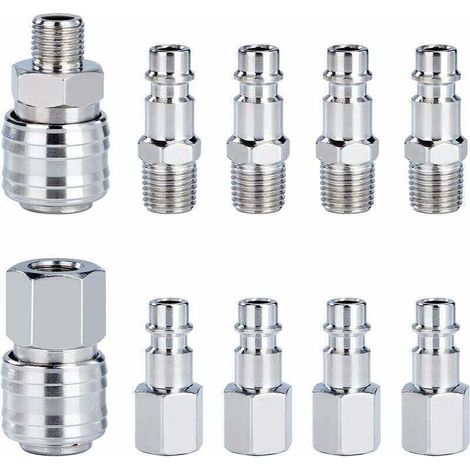 Tigrezy Raccord Rapide de Compresseur 1/4"BSP Coupleur Pneumatique d'air Kit Raccords de Tuyau Connecteur Homme Femme 10 Pièces (1/5)