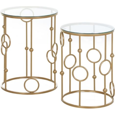 Table basse design ensemble de 2 avec plateau en verre et structure métal - Forme cerceau et boule moderne Ø41x57cm - Idéale pour salon contemporain couleur or léger (1/4)