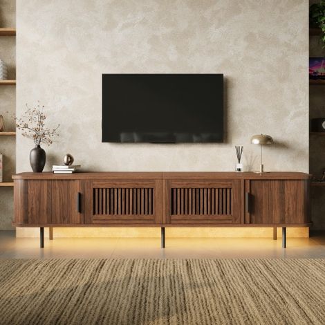 Meuble TV Bas à Forme Arrondie avec Éclairage LED Contrôlé par Application, TV Lowboard avec 2 Tiroirs et Portes Coulissantes, Poignées et Pieds en Fer, Design Scandinave (1/5)
