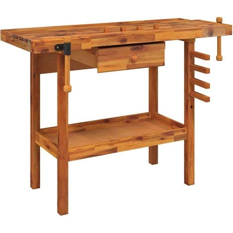 vidaXL Banco de trabajo con cajón y tornillos de banco 124x52x83 cm madera maciza de acacia (1/2)