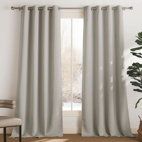Lot de 2 rideaux occultants thermiques 132x92 – Isolation lumière UV – Anti-froid et chaleur – Tenture opaque à œillets – Écru (1/5)
