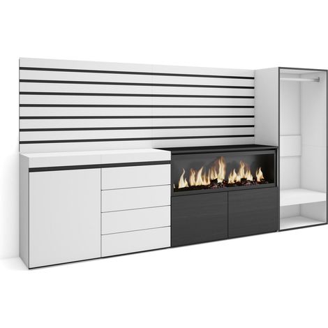 Skraut Home - Sideboard, Kommode, Aufbewahrungsschrank, 274x145x35 cm, Für Schlafzimmer, Zimmer, Elektrokamin XXL, Kommode mit Schubladen, Offener Kleiderschrank, Moderner Stil, Weiß (1/5)