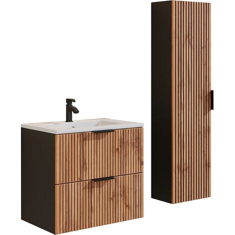 Mobile per bagno sospeso con scanalature e lavabo da incasso e colonna 60 cm Naturale chiaro e Nero - MADELA (1/5)