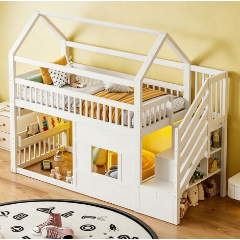 Cama alta infantil de 90x200 cm con escaleras de almacenamiento, estante e iluminación LED, madera blanca. (1/5)