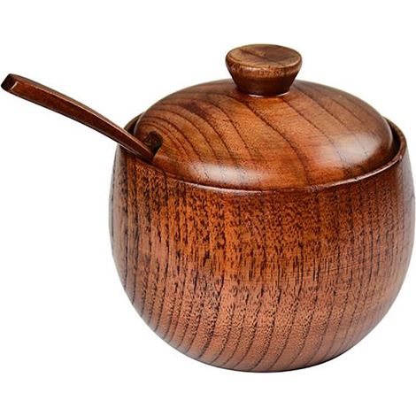 Boîte à sel en bois, couvercle en bois robuste, pot d'assaisonnement léger et Portable avec cuillère (1/5)