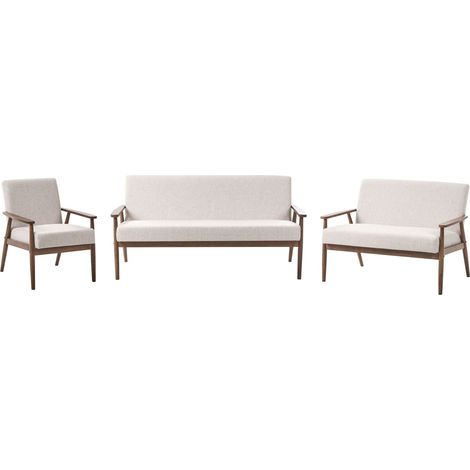Living Room Set Beige and Dark Brown Polyester Fabric Upholstery Retro Design Wooden Frame Armrests Living Room ESRUM