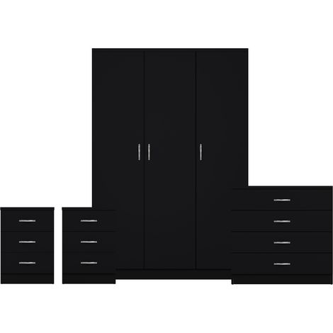 Riano 4 Piece Bedroom Set (3 Drawer Bedside Chest, 4 Drawer Chest, 3 Door Wardrobe), Black (1/3)