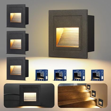 4-Pack Eclairage Escalier Exterieur 3W 300lm, Spot LED Encastrable 230V 3000K, 85x85mm, IP65 Applique Encastrée Intérieure pour Mural, Douilles Encastrées 68mm, Aluminium Noir (1/5)