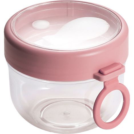 Pot à yaourt portable en plastique avec couvercle et cuillère, pot à dessert étanche, idéal pour le petit-déjeuner au yaourt, le porridge, etc., rose. (1/5)