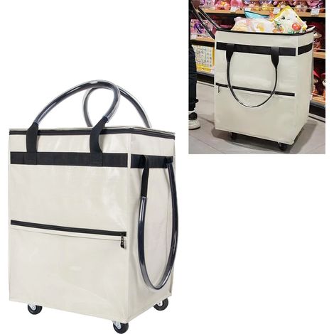 Sac Shopping Écologique à Roues【Polyester】Manomano Modèle Premium 42x35.5x52cm Capacité XXL Imperméable Portable【Blanc】 (1/4)