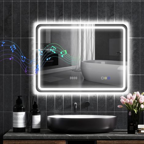 Specchio da bagno con luce LED 80x60 cm con Bluetooth, 3 colori di luce, orologio digitale, funzione antiappannamento e funzione memoria. (1/5)
