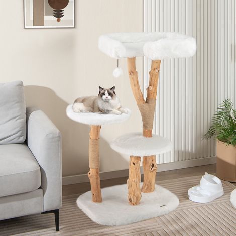 Pour jouer, grimper et faire ses griffes, arbre à chat blanc 44 pouces avec perchoir et poteaux en jute naturel (1/5)