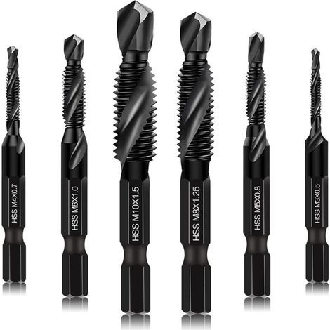 Coffret de 6 forets et tarauds combinés – outil de filetage – tailles M3 x 0,5, M4 x 0,7, M5 x 0,8, M6 x 1,0, M8 x 1,25, M10 x 1,5 avec revêtement noir antirouille, queue hexagonale de 6 mm et coffret (1/5)