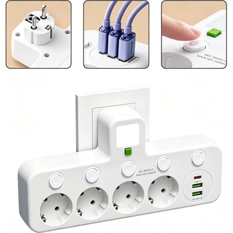 Multiprise 4 prises EU avec ports USB, protection contre surcharge, interrupteur individuel et prise murale sécurisée, adaptateur secteur moderne pour maison et bureau (1/5)