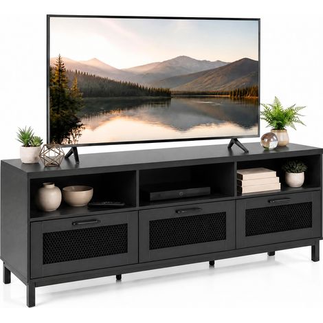 Meuble TV 160 cm pour Téléviseurs jusqu'à 75" Console Multimédia avec 3 Tiroirs en Maille et 3 Niches Ouvertes, Charge 100 kg, Pieds en Métal, Noir (1/5)