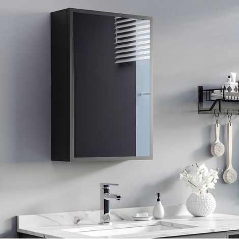 Armoire de salle de bain miroir 40x15x60 cm noire en acier avec fixation murale (1/5)