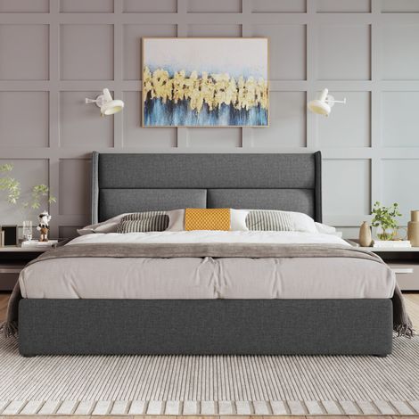 Letto con contenitore in tessuto lino grigio 140x200 cm, testiera regolabile e rete a doghe in metallo (1/5)
