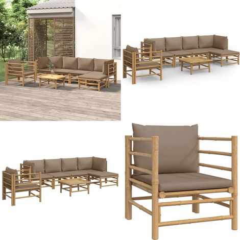 Set de muebles de jardín 7 piezas bambú y cojines gris taupe - Muebles de exterior - Sofás de jardín