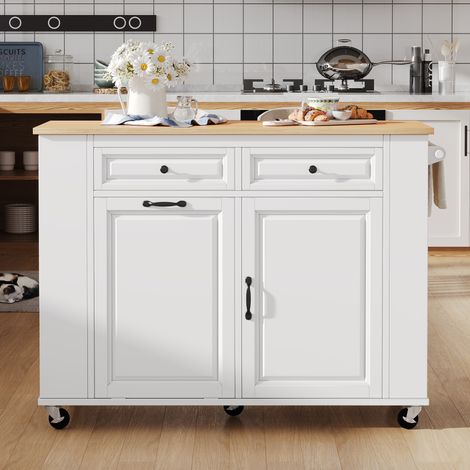 Îlot de cuisine à roulettes, table à manger extensible, îlot de cuisine avec compartiment pour poubelle et porte-serviettes, chariot de service mobile avec multiprises, idéal pour la cuisine et la sal (1/5)