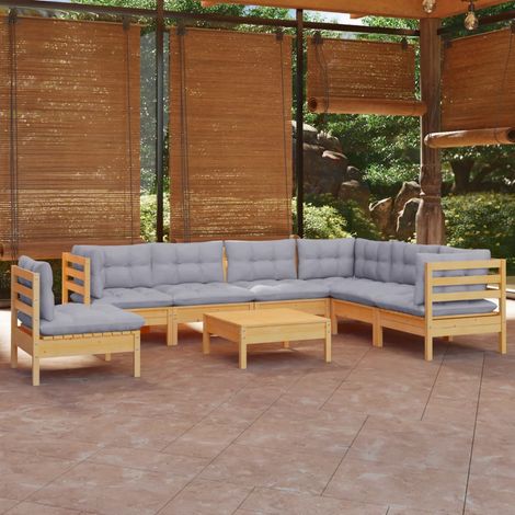 INLIFE Salon de jardin 8 pcs avec coussins gris Bois de pin solide (1/5)
