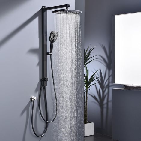 Colonna Doccia Senza Miscelatore Nera, Soffione Quadrato Grande Effetto Pioggia, Doccetta 3 Funzioni, Asta Regolabile 95–118 cm,Sistema Doccia Moderno, Installazione Facile, Risparmio Acqua ed Energia (1/5)