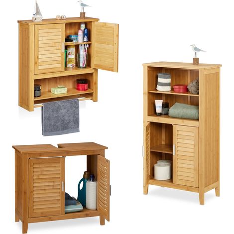3-piece LAMELL bathroom furniture set, washbasin cabinet, bathroom cabinet with doors, wall cabinet, bamboo (1/5)