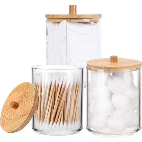3 Pièces Porte-Qtip en Acrylique, Boîte à Coton-Tige Rond Pot, Boule de Coton-Tige Distributeur de Pots (1/4)