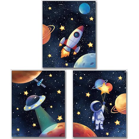 Affiche sur Toile Astronaute de l'espace pour 3pcs Décoration Murale de Salle de Jeux Pour Garçons, Affiche Murale de Fusée du Système Solaire, Accessoires de Décoration de Salle (Série B) (1/5)