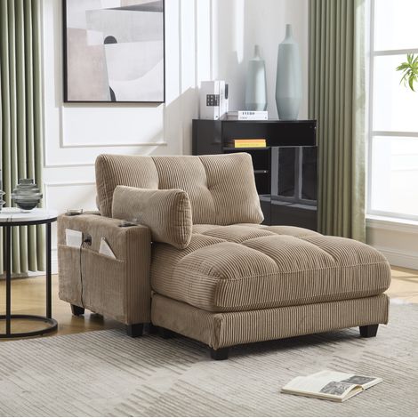 Sillón chaise longue 140x112x81 cm caqui de pana con USB, portavasos, bolsillos laterales y reposacabezas ajustable (1/5)