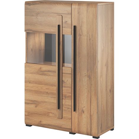 Highboard Eiche Grandson Nb. TURDA-83 mit LED Beleuchtung und Absetzungen in schwarz, B/H/T: ca. 90/136/39 cm (1/5)