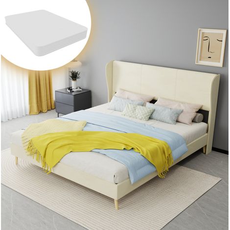 Cama moderna tapizada en tela beige 160x200 cm con cabecero suave y colchón incluido