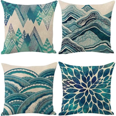 Ensemble de 4 housses de coussin décoratives turquoise 45 x 45 cm, style bohème estival, en coton et lin, couleur turquoise côtière, pour canapé, lit et voiture (vert). (1/5)