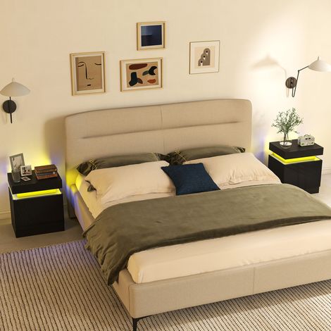 Ensemble de 2 tables de chevet LED avec 16 couleurs et 4 modes d'éclairage, 2 tiroirs, en bois, 45 x 35 x 52 cm, noir (1/5)