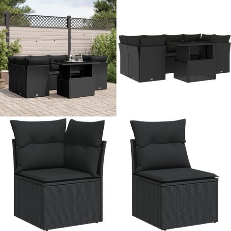 Salon de jardin 7 pcs avec coussins noir résine tressée - Ensemble Salon De Jardin - Salon Extérieur - Meuble De Jardin - Canapé Jardin - Table Basse Jardin - Home & Living (1/5)