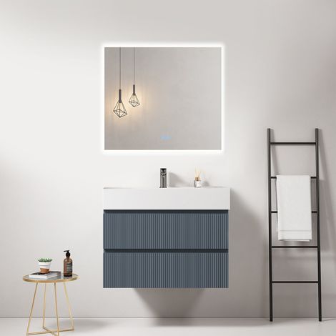 Mobile bagno sospeso cannettato 80 cm Blu Mare Lavabo in Resina Specchio Quadro Retroilluminato - Fiji Paint (1/4)