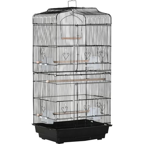 Cage volière oiseaux avec mangeoires, perchoirs et tiroir à déjections amovible, pour canaris, perruches et perroquets, 46,5 x 35,5 x 92 cm, noir (1/5)