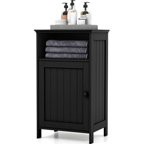 COSTWAY Bathroom Floor Cabinet Single Door Side Cabinet w/Shelf-Black (1/5)