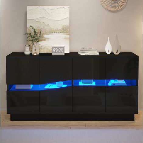 MODFU – Aparador 140x35x70 cm de paneles y acrílico con LED Bluetooth, 4 puertas push-to-open, estantes, carga 30 kg y 2 paquetes – Negro brillante (1/5)