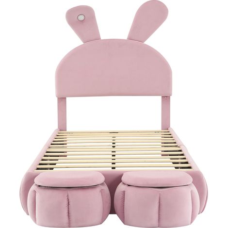 Cama infantil 90x200 cm de terciopelo rosa con orejas de conejo, LED regulable, 2 pufs HOMVRA (1/5)