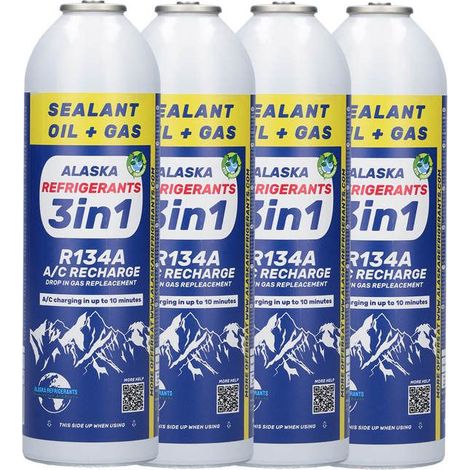 4 x Alaska Refrigerants 3en1 Réfrigérant de remplacement R134a avec huile PAG 100 et colmatant de fuites