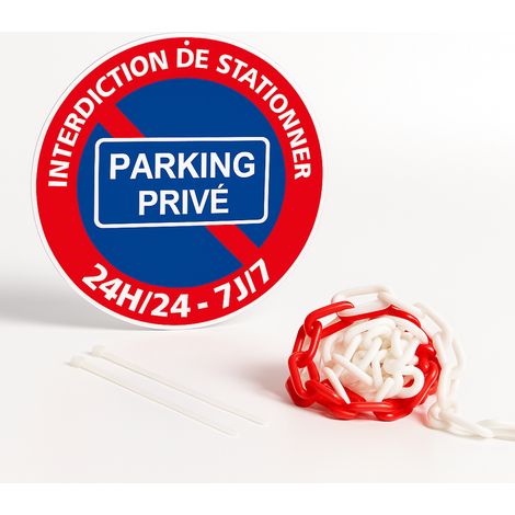 Panneau parking privé interdiction de stationner 24h/24 7j/7 disque rigide prépercé avec chaine plastique rouge/blanc avec collier de serrage de serrage Diamètre 300 mm