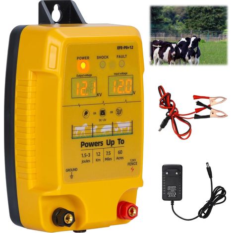 12 V Electric Fence Device with LED Display, 1.5-3 Joules, Waterproof Electric Fence Transmitter, Range 10 km, Electric Fence Device for Cattle, Sheep, Poultry and Livestock (1/5)